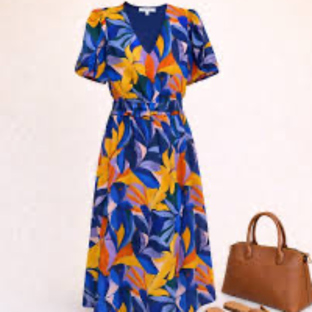 Tropical DR2 Blue / Yellow flowy gathered waist floral dress with pockets S